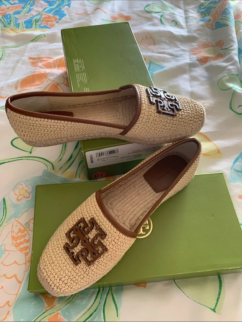 Tory Burch Natural Raffia Espadrille Flats with Brown Logo Trim  Size 10